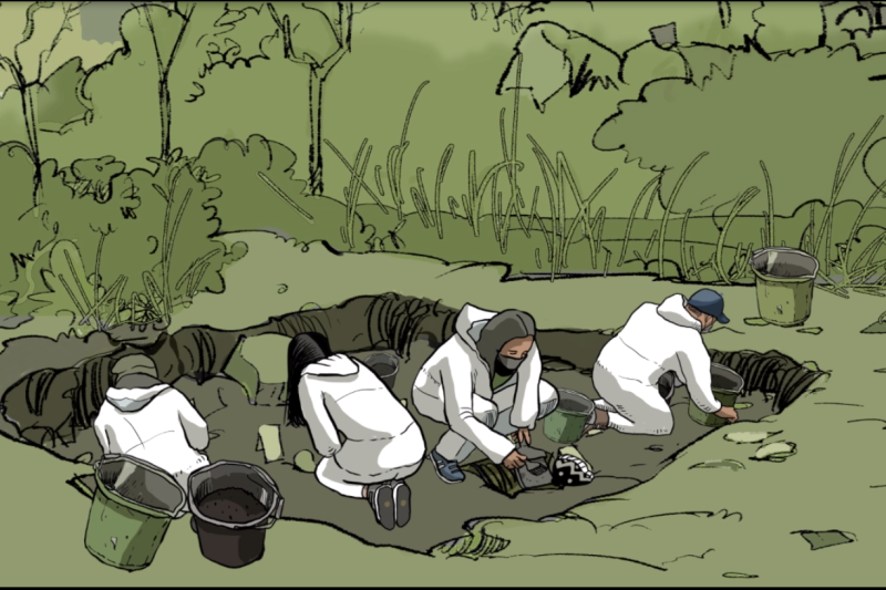 An illustration of investigators in a mass grave 